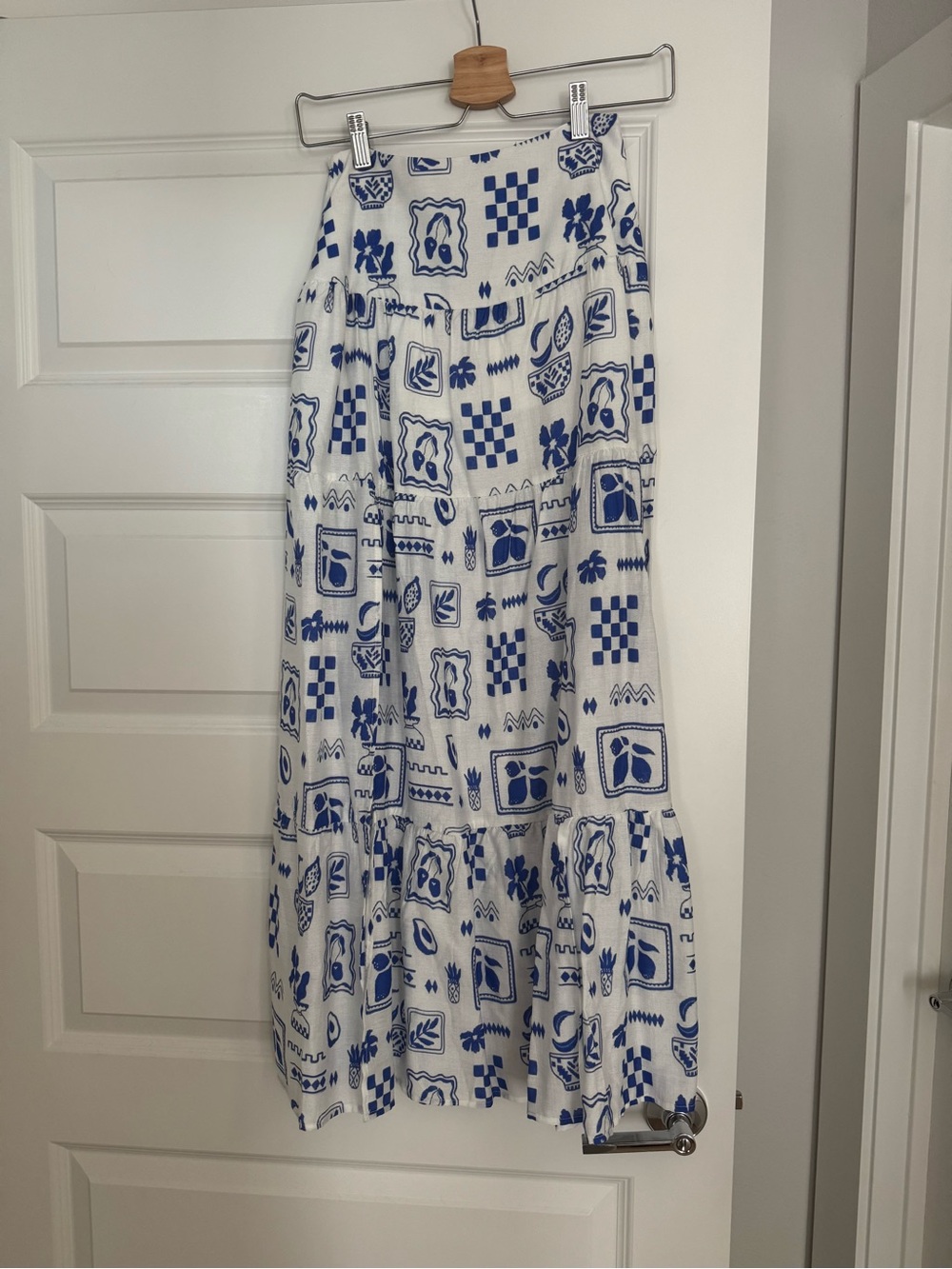 Pink Lily White Maxi Skirt with Blue Graphic Tile Print